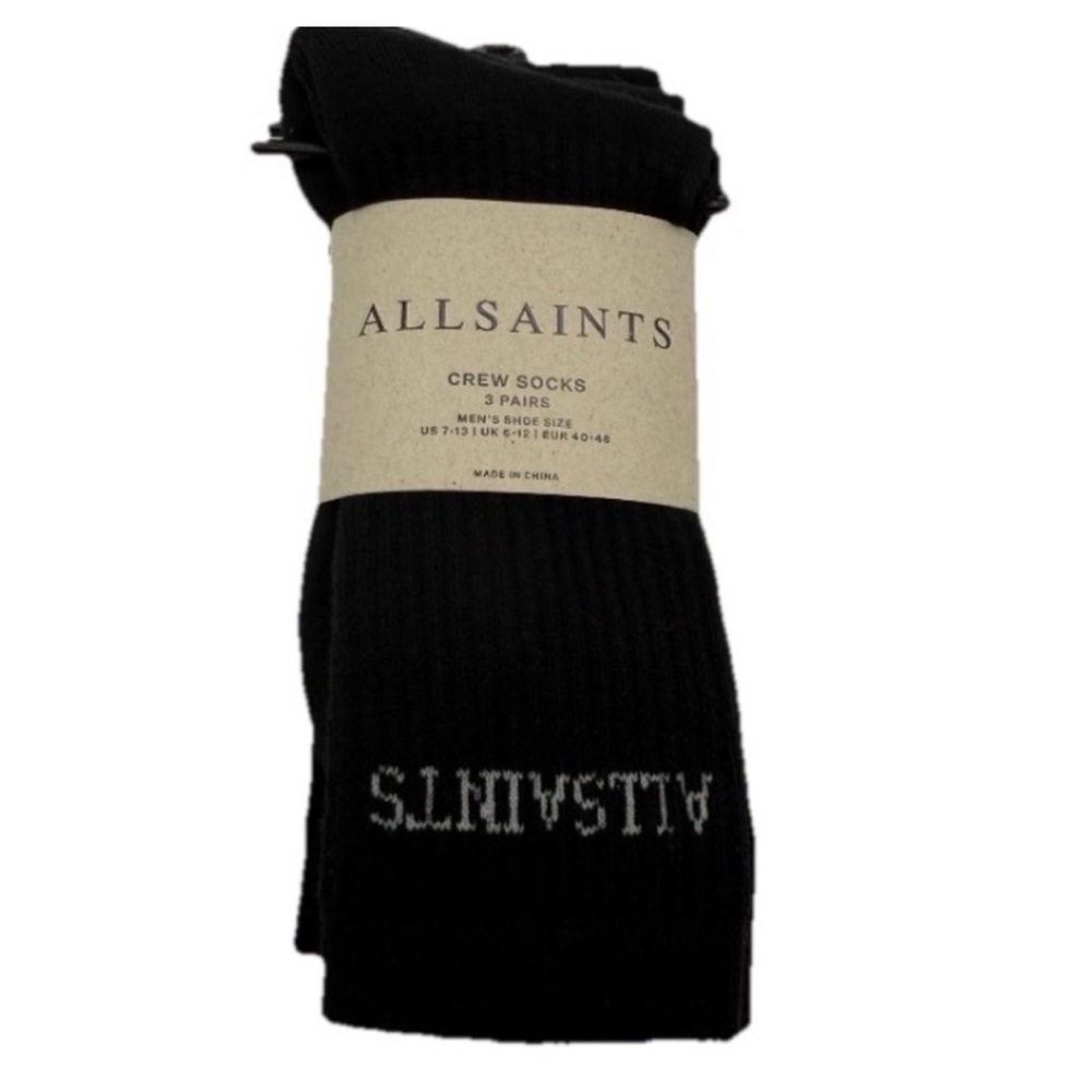 AllSaints NWT 3 Pair Classic Black Crew Socks w Allsaints Logo